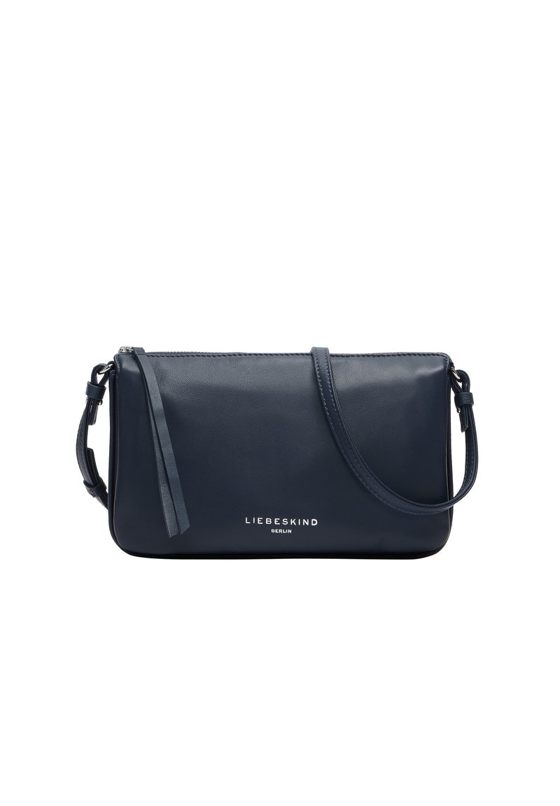 Borsa a tracolla in pelle blu navy con tracolla regolabile, chiusura con cerniera e logo "Liebeskind Berlin" sulla parte anteriore.