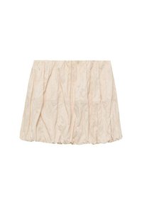 Fustă gathered bej deschis cu talie elastică, realizată dintr-un material moale și texturat, având o siluetă relaxată și umflată. Fără modele sau accente vizibile.