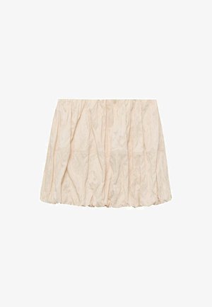 Vale vaale beige-mokkanen hame elastisella vyötäröllä, jossa on pehmeä, teksturoitu kangas ja rento, pullistunut siluetti. Ei näkyviä kuvioita tai koristeita.