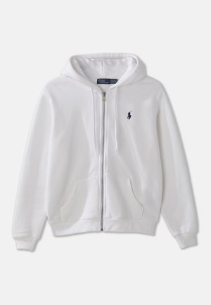 White zip-up hoodie in cotton blend, featuring a kangaroo pocket, ribbed cuffs, and hem, with a small navy logo on the left chest.