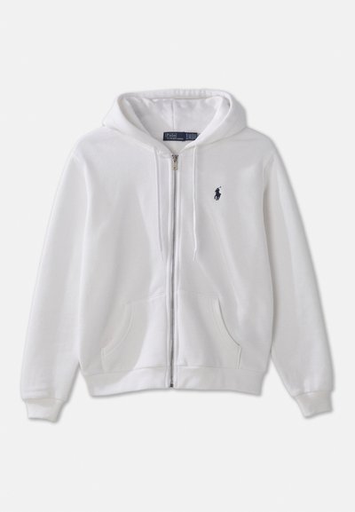 Bela zip-up kapuca iz mešanice bombaža, s kenguru džepom, rebrastimi manšetami in robom, ter majhnim mornarsko modrim logotipom na levem prsnem delu.