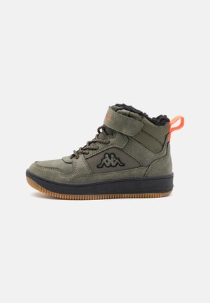 Khaki high-top sneaker with a textured upper, black logo detail, and orange pull tab. Features a rubber sole and lace-up closure.