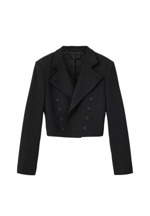 Μαύρο cropped διπλό σακάκι με φαρδιές πέτες και οκτώ κουμπιά μπροστά, μακριά μανίκια και εφαρμοστή γραμμή.