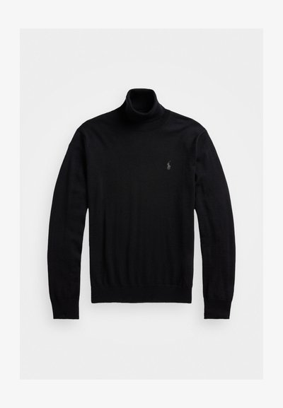 Black turtleneck sweater in a soft fabric, featuring long sleeves and a fitted design. Includes a small embroidered logo on the chest.