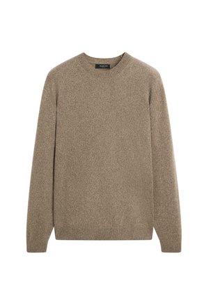 Brauner Pullover aus weichem, strukturiertem Stoff. Mit Rundhalsausschnitt und langen Ärmeln, sowie gerippten Bündchen und Saum für eine enge Passform.