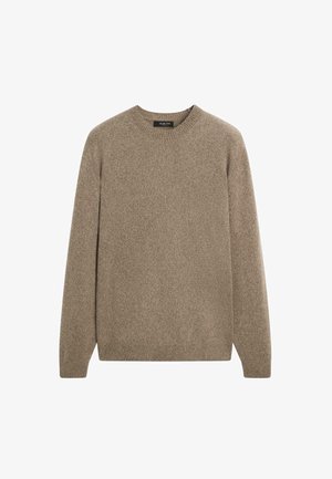 Brown sweater made of soft, textured fabric. Features a crew neckline and long sleeves, with ribbed cuffs and hem for a fitted look.