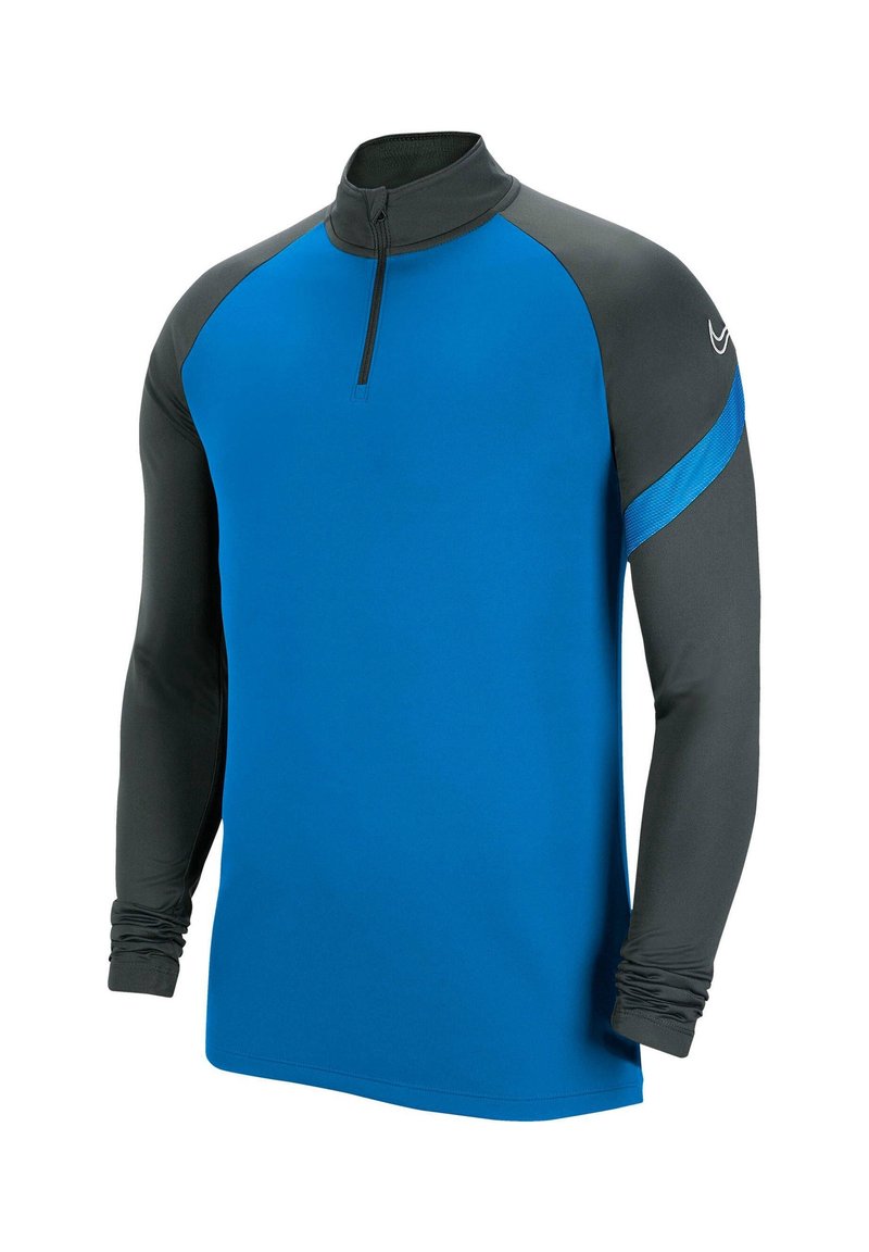 Długą rękaw sportowy top z niebieskim korpusem, czarnymi rękawami, kołnierzem na pół zamek i teksturowanymi akcentami na ramionach. Oddychająca, elastyczna tkanina.