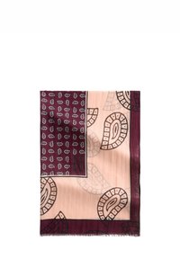Foulard di seta con bordo granato e motivi di foglie, corpo color pesco chiaro con disegni astratti e bordi frangiati.
