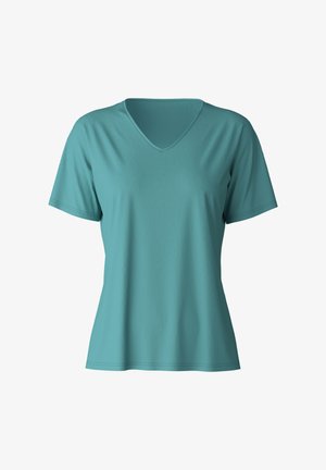 T-shirt teal à col en V, fabriqué en tissu doux et respirant. Manches courtes et coupe décontractée. Texture lisse avec des coutures minimales.