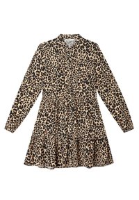 Sukienka w panterkę w beżowo-czarnym kolorze, z długimi rękawami, zapinana na guziki, z kołnierzykiem i warstwową spódnicą.