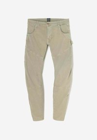 Licht khaki broek gemaakt van gestructureerde stof, met een aansluitend ontwerp, broekzakken aan de voorkant en contrasterende paneelafwerking op de benen.