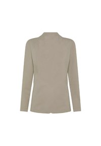 Maglia beige a maniche lunghe realizzata in un tessuto liscio. Presenta un colletto e una vestibilità dritta con un design semplice, senza motivi o dettagli visibili.