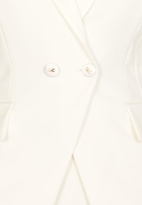 Blazer bianco doppiopetto con due bottoni rotondi con un logo discreto. Rever strutturati, tasche laterali e texture del tessuto liscia.