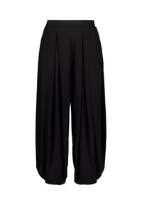 Svarta plisserade byxor med bred ben-design, tillverkade av mjukt tyg. Har en åtsittande midja och subtil detaljer med ett hjärta på sidan.