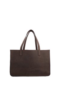 Borsa tote in pelle marrone scuro con due manici e forma rettangolare, mostrata su uno sfondo bianco.