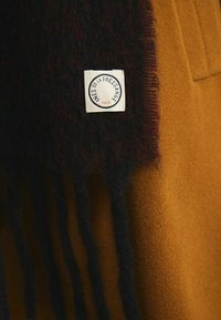 Écharpe en laine de couleur bordeaux foncé et noir avec des franges aux extrémités. Elle présente une étiquette blanche avec un logo circulaire portant les mots "INES DE LA FRESSANGE PARIS."