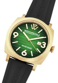 Gold-tone watch with a green textured dial, white numerals, and date display. Black rubber strap with embossed branding. Swiss made.