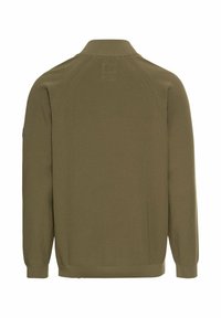 Olivengrøn strikket sweater med en struktureret tekstur, to knapper ved kraven og ribbede manchetter og kant. Har raglanærmer.