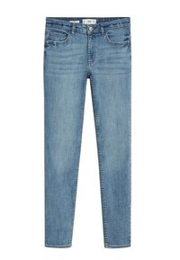 Jeans de mezclilla azul claro con corte ajustado, diseño de cinco bolsillos y un sutil desgaste. Presenta un cierre frontal con botón y cremallera.