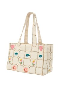 Beżowa torba typu tote z płótna, w kratkę, ozdobiona kolorowym haftem i akcentami z pereł. Posiada dwa mocne uchwyty na górze.
