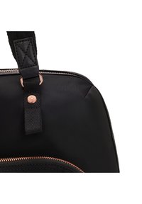 Black nylon bag with a textured surface, featuring a rose gold zipper and hardware accents. Adjustable strap attached by tabs.