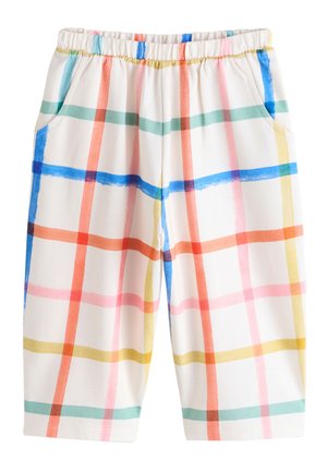 Hvide bukser med elastisk talje, med farverige brede ternede striber i blå, rød, pink, gul og grøn, med sidelommer.