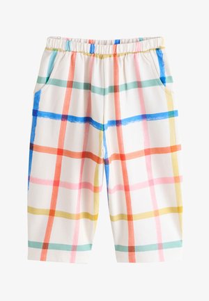 Hvide bukser med elastisk talje, med farverige brede ternede striber i blå, rød, pink, gul og grøn, med sidelommer.