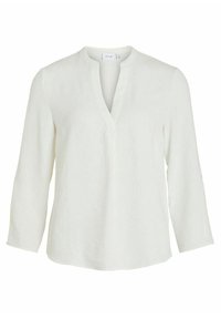 Blouse blanche à manches longues avec un col en V, conçue dans un tissu léger avec une coupe décontractée, finition avec des ourlets cousus et sans fermetures visibles.