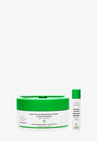 Rundes Glas mit grünem Deckel, gefüllt mit "Slaai" Make-up schmelzender Butterreiniger, beschriftet mit weißem Grundtext. Daneben steht eine kleine weiße Tube mit der Aufschrift "Bamboo Booster."