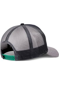Grå snapback kasket med en sort mesh panel bagpå, der har en flad skygge og et justerbart plastikstrop i teal.