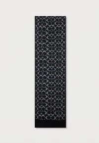 Cachecol preto com um padrão texturizado de ovals interligados em cinza, com uma bainha preta sólida, feito de um material macio e flexível.