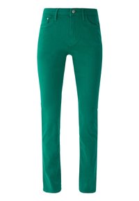 Pantalon vert slim fit avec bouton et fermeture éclair à l'avant, passants pour ceinture et poches avant et arrière, présenté sur fond blanc.