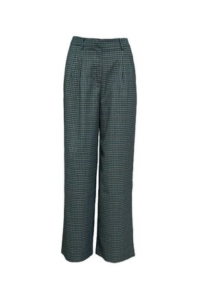 Pantaloni a vita alta e gamba larga con motivo a quadretti piccoli verde scuro e nero e pieghe sul davanti.