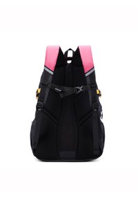 Schwarzer und pinker Rucksack mit gepolstertem, atmungsaktivem Rückenpanel, verstellbaren Schultergurten, Brustschnalle und seitlichen Reißverschlusstaschen.