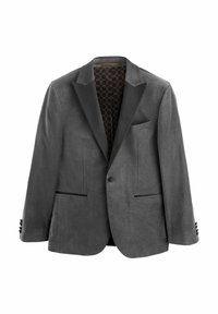 Blazer en velours gris avec revers en satin noir, deux poches avant et une doublure intérieure à motifs. Comprend des fermetures à boutons et des poignets à cinq boutons.