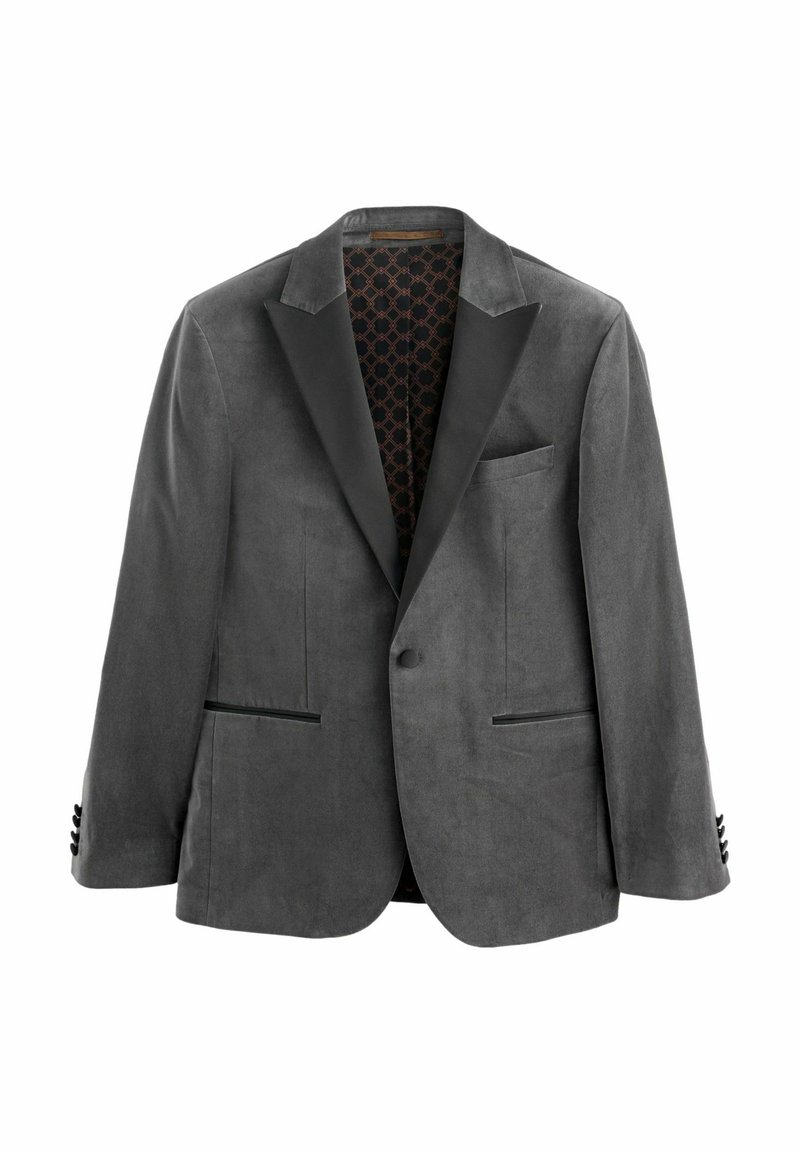 Blazer en velours gris avec revers en satin noir, deux poches avant et une doublure intérieure à motifs. Comprend des fermetures à boutons et des poignets à cinq boutons.