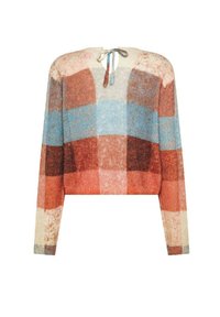 Maglione cropped lavorato a maglia con maniche lunghe, caratterizzato da un motivo a quadri in tonalità di rosso spento, blu, beige e marrone, con chiusura sul retro con nastro.