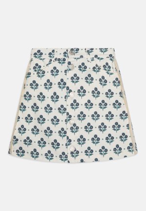 Denim krilo v A-liniji s cvetličnim vzorcem v kremni barvi in modrimi cvetovi, s sprednjim gumbom, pasnimi zankami in stranskimi žepi.