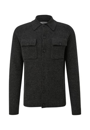 Ciemnoszary kardigan z kołnierzykiem, zapinany na guziki, z dwoma kieszeniami na piersi. Wykonany z mieszanki wełny, z prążkowanymi mankietami i dolnym wykończeniem.