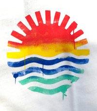 Graphic design featuring a red sun above yellow bands, with three wavy lines in blue and green below, set on a white background.