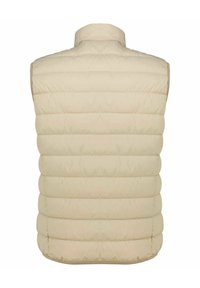 Chaleco acolchado sin mangas en color beige con costuras horizontales y cuello alto, visto desde la espalda.