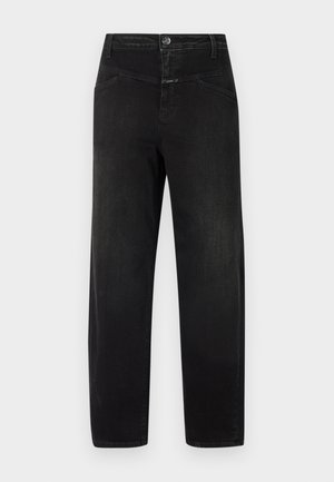 Calças jeans pretas de denim, com um design de perna reta, estilo de cinco bolsos e um fecho simples com botão e zíper.
