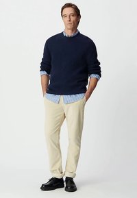 Granatowy sweter z dzianiny na jasnoniebieskiej koszuli w paski z kołnierzykiem, w połączeniu z kremowymi spodniami i czarnymi butami, stojący na białym tle.