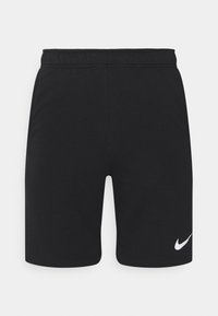 Svarta atletiska shorts tillverkade av mjukt tyg, med elastisk midja, slät textur, och en vit Nike-logotyp på nedre vänstra sidan.