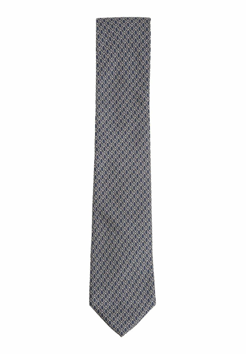 Marineblå slips med ett geometriskt mönster i krämfärg, tillverkad av mjukt material, har en spetsig ände och har standardlängd.
