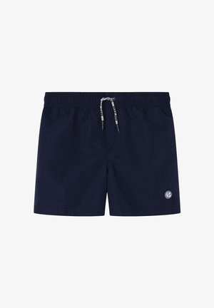 Marineblaue Badehose aus leichtem Material, mit elastischem Bund und Kordelzug sowie einem kleinen Logo auf der linken Vorderseite.