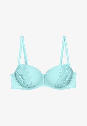 Reggiseno imbottito azzurro chiaro con ferretto, doppie spalline regolabili e dettagli in pizzo sui lati esterni delle coppe.