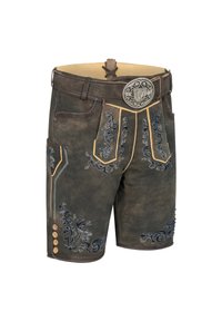 Bayerske lædershorts i mørkebrun med blå blomsterbroderi, brune detaljer, knapstænk og en sølvfarvet dekorativ spænde.