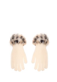 Crème-kleurige geribbelde handschoenen met een harige luipaardprint manchet. Zachte textuur met afgeronde punten voor een goede pasvorm. Geen zichtbare hardware of accenten.
