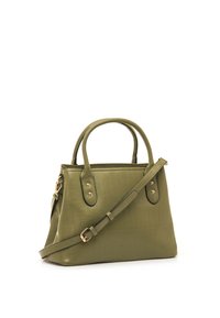 Bolso de mano verde de cuero sintético con textura de cocodrilo en relieve, asas dobles redondas y correa desmontable con detalles en hardware dorado.